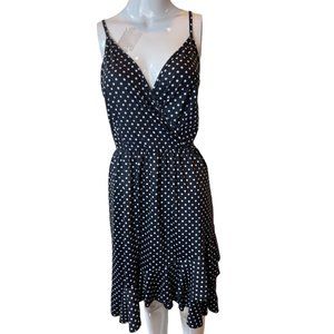 Lntranice Womens Fit & Flare Wrap Dress Polka Dot V Neck Ruffle Hem Black Medium